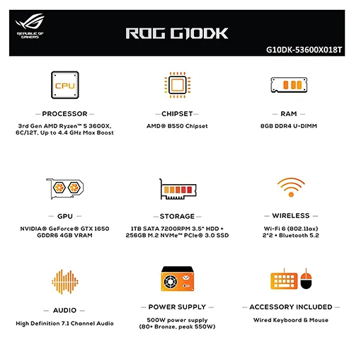 ASUS ROG Strix GL10, 6 Cores AMD Ryzen 5-3600X 3rd Gen, Gaming Desktop (8GB/1TB HDD + 256GB SSD/4GB NVIDIA GeForce GTX 165