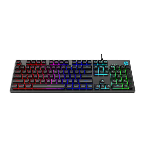 HP K500F Backlit Membrane Wired Gaming Keyboard with Mixed Color Lighting, Metal Panel with Logo Lighting, 26 Anti-Ghostin