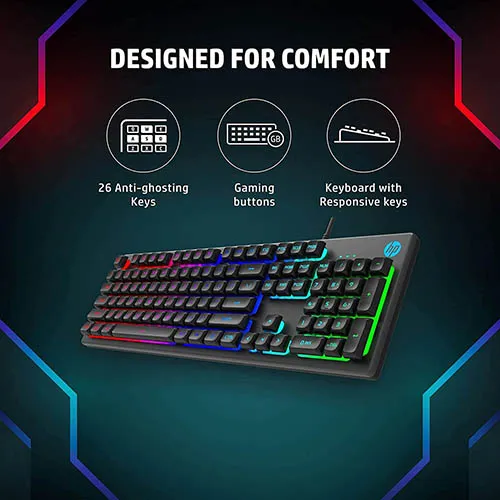 HP K500F Backlit Membrane Wired Gaming Keyboard with Mixed Color Lighting, Metal Panel with Logo Lighting, 26 Anti-Ghostin