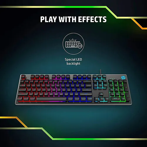 HP K500F Backlit Membrane Wired Gaming Keyboard with Mixed Color Lighting, Metal Panel with Logo Lighting, 26 Anti-Ghostin