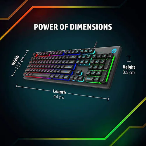 HP K500F Backlit Membrane Wired Gaming Keyboard with Mixed Color Lighting, Metal Panel with Logo Lighting, 26 Anti-Ghostin