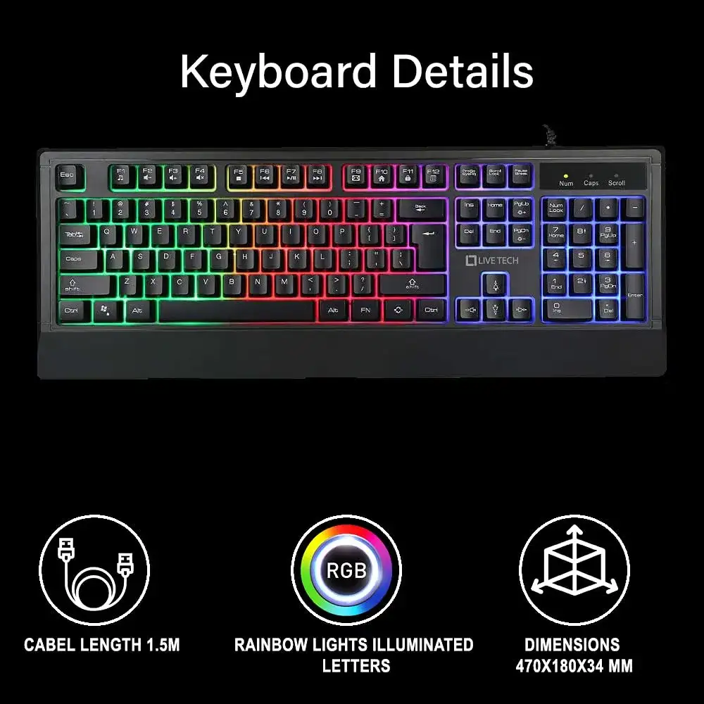 Live Tech DevilX Gaming RGB Keyboard Mouse with MousePad Rainbow light for letter illuminated backlit on/off FN+ backlit B