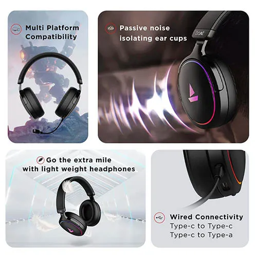 boAt Newly Launched Immortal IM 300 Over-Ear Gaming Headphones with 50mm Drivers, 3D Spatial Sound, RGB LEDs, Dual Mics &